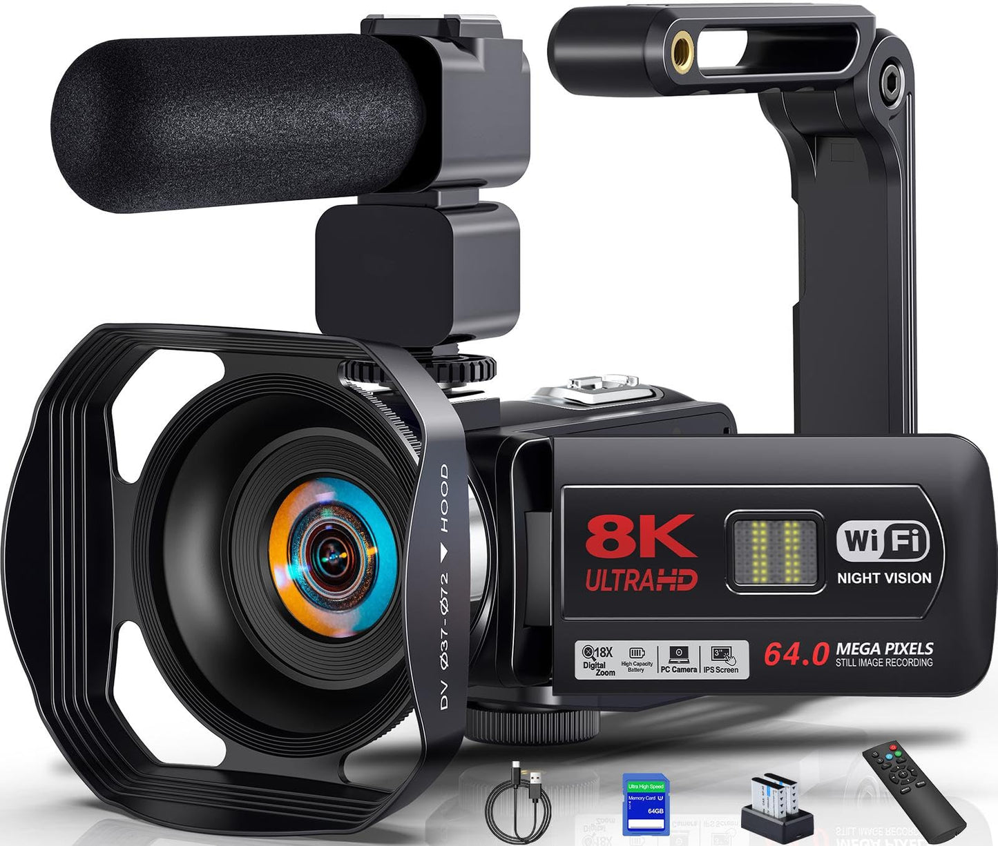 8K Vlogging Camcorder mit Nachtsicht, Mikrofon, Stabilisator und Fernbedienung, Tiefschwarz