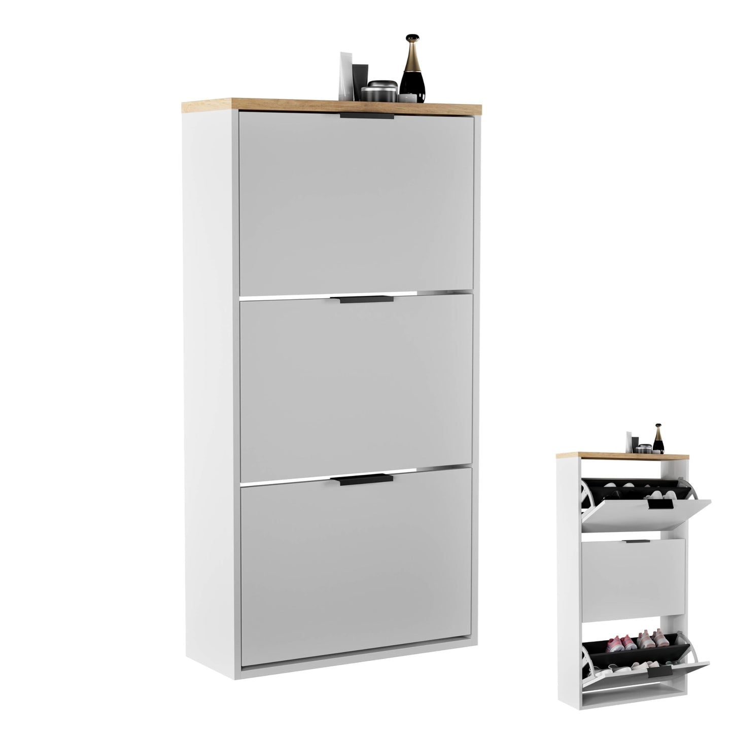 Schuhschrank mit 3 Klappen und 6 Ablagen, platzsparend, 3 Klappen Weiss-grau