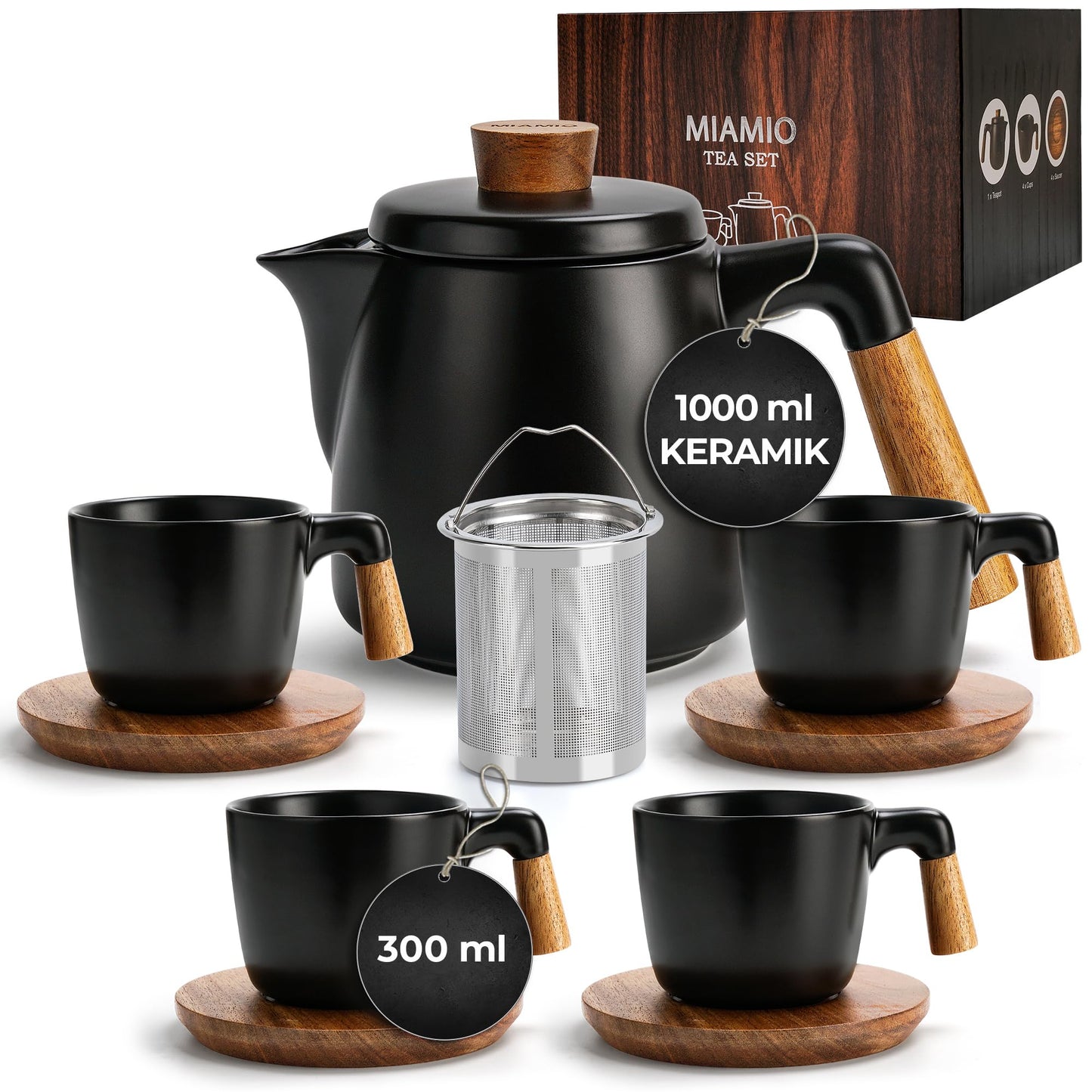 Teekanne-Set mit Siebeinsatz, Schwarz