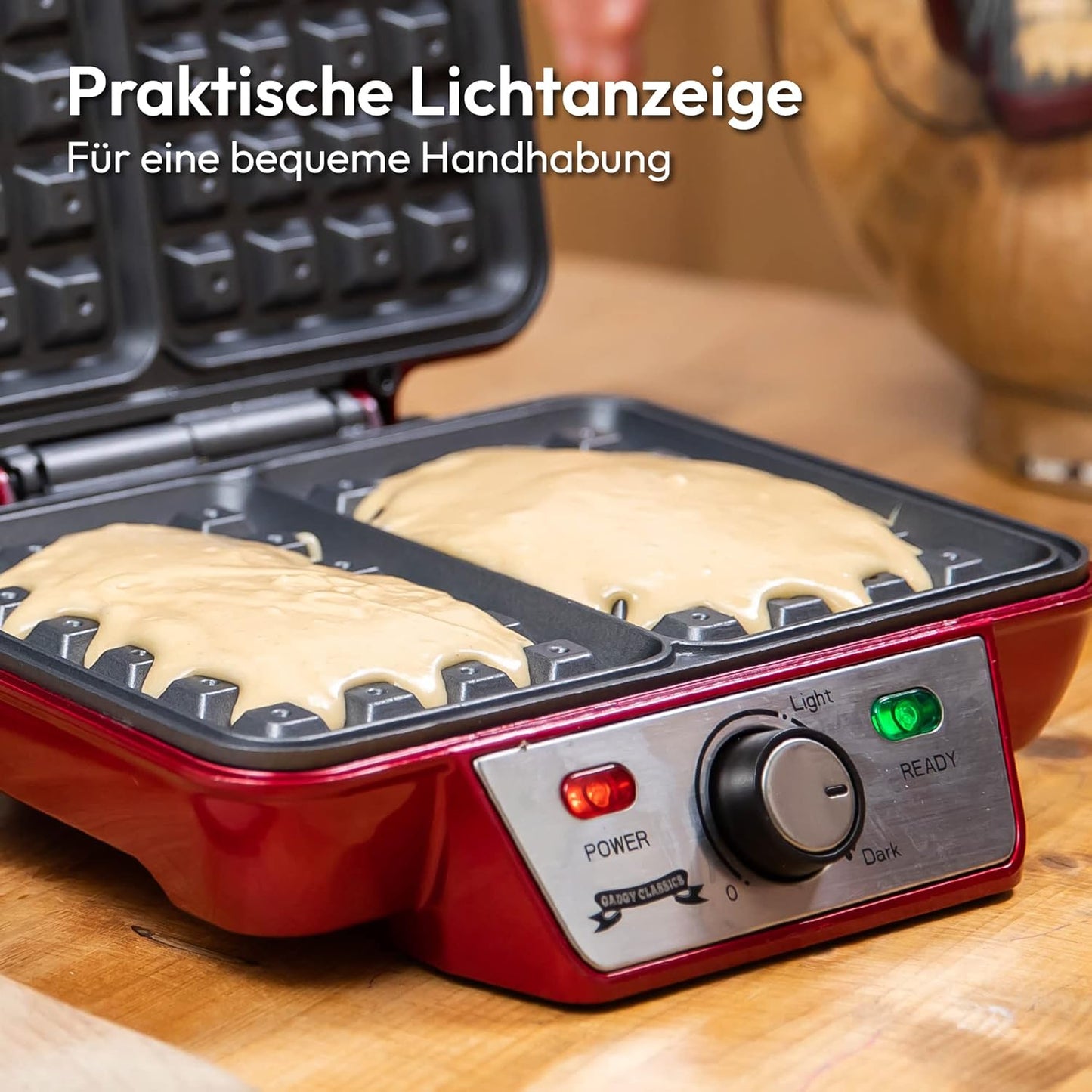 Belgisches Waffeleisen mit verstellbarer Temperatur, Rot