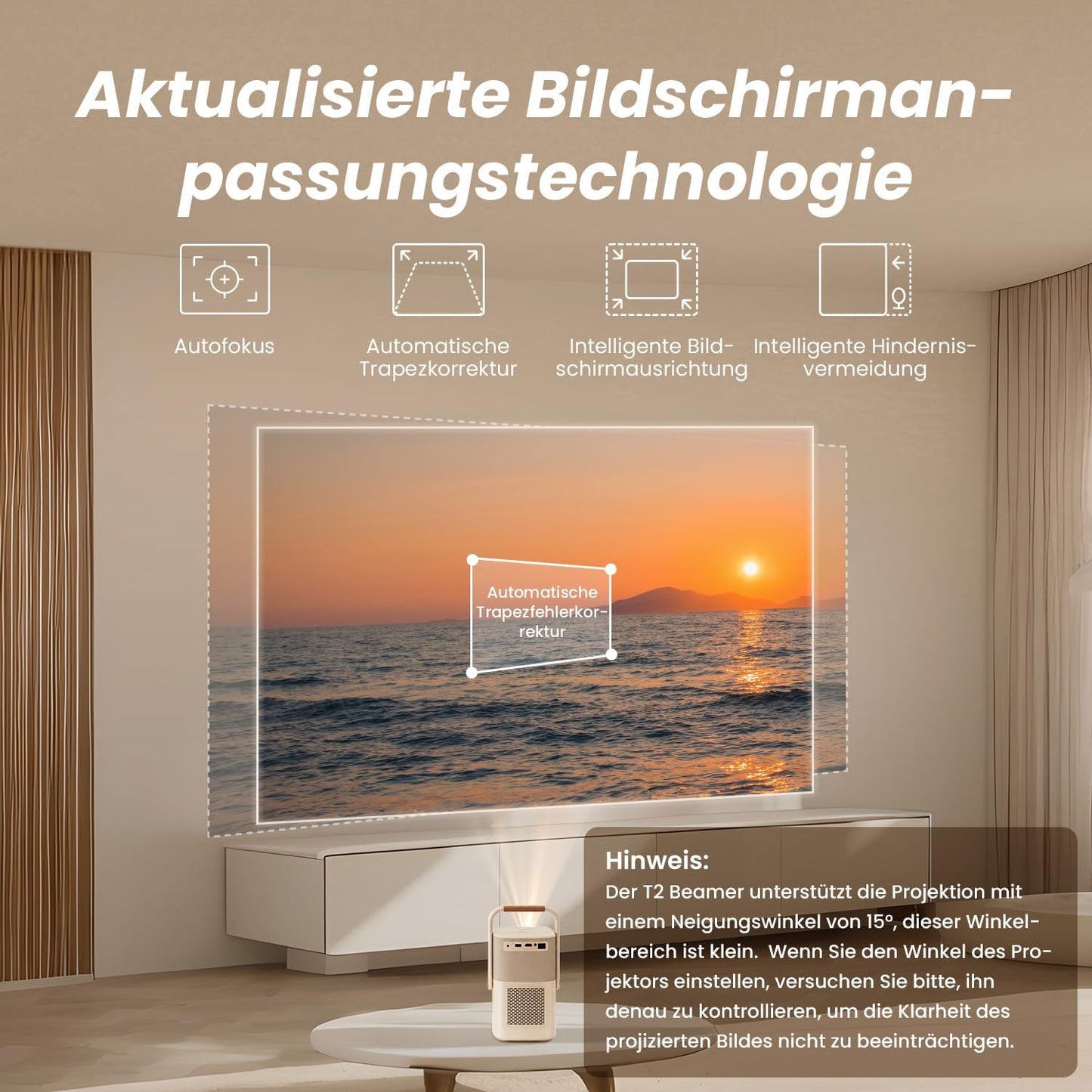 Tragbarer Projektor mit JBL-Sound und Autofokus, T2-Standard off-white