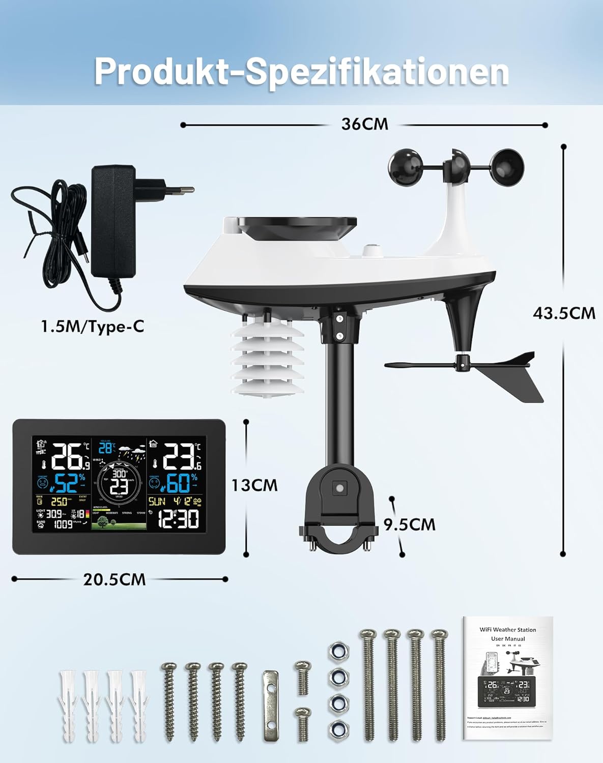 11-in-1 Profi WLAN Wetterstation mit Aussensensor, Schwarz