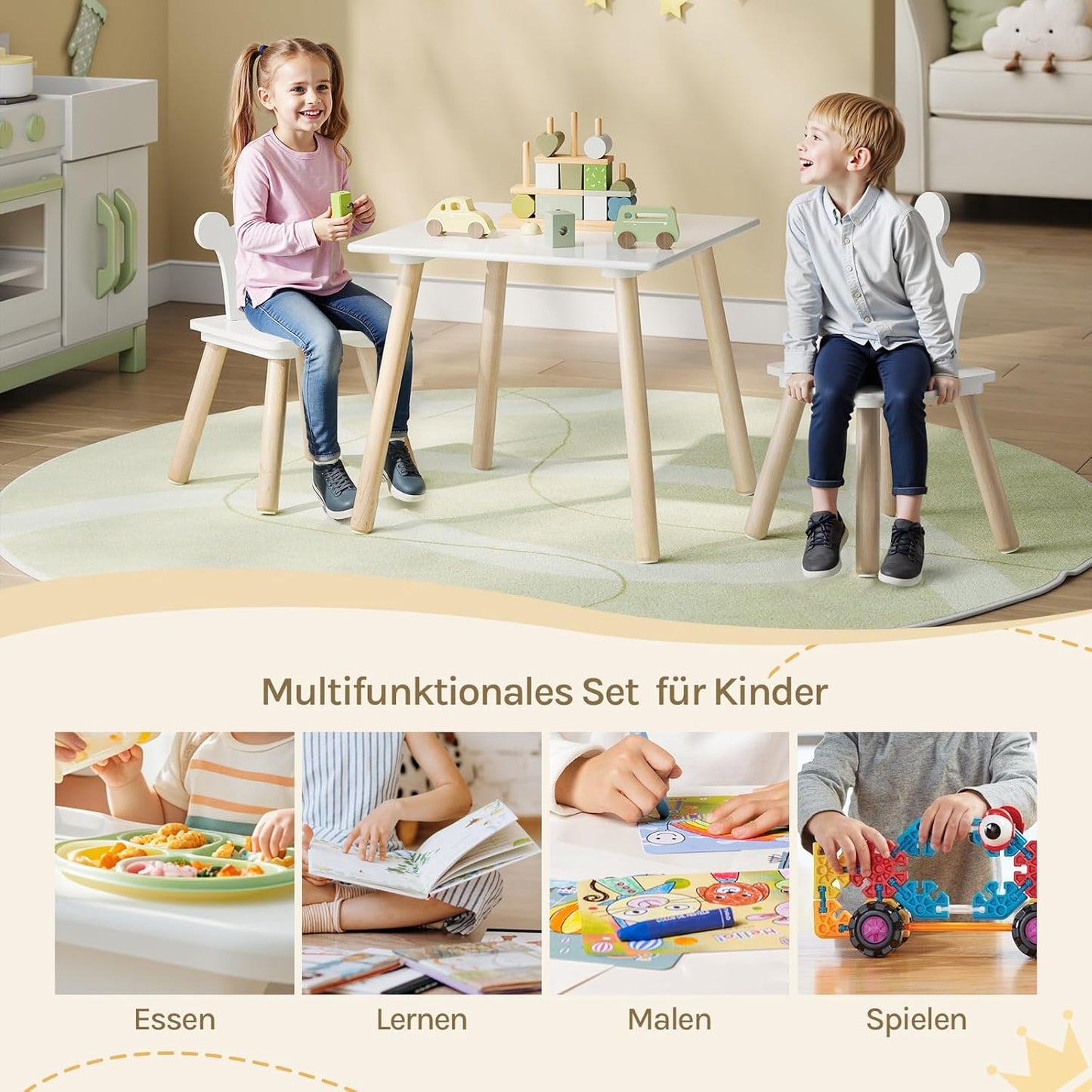 Kindertisch-Set mit 2 Stühlen, MDF/Massivholz, Quadratischen Tisch-1