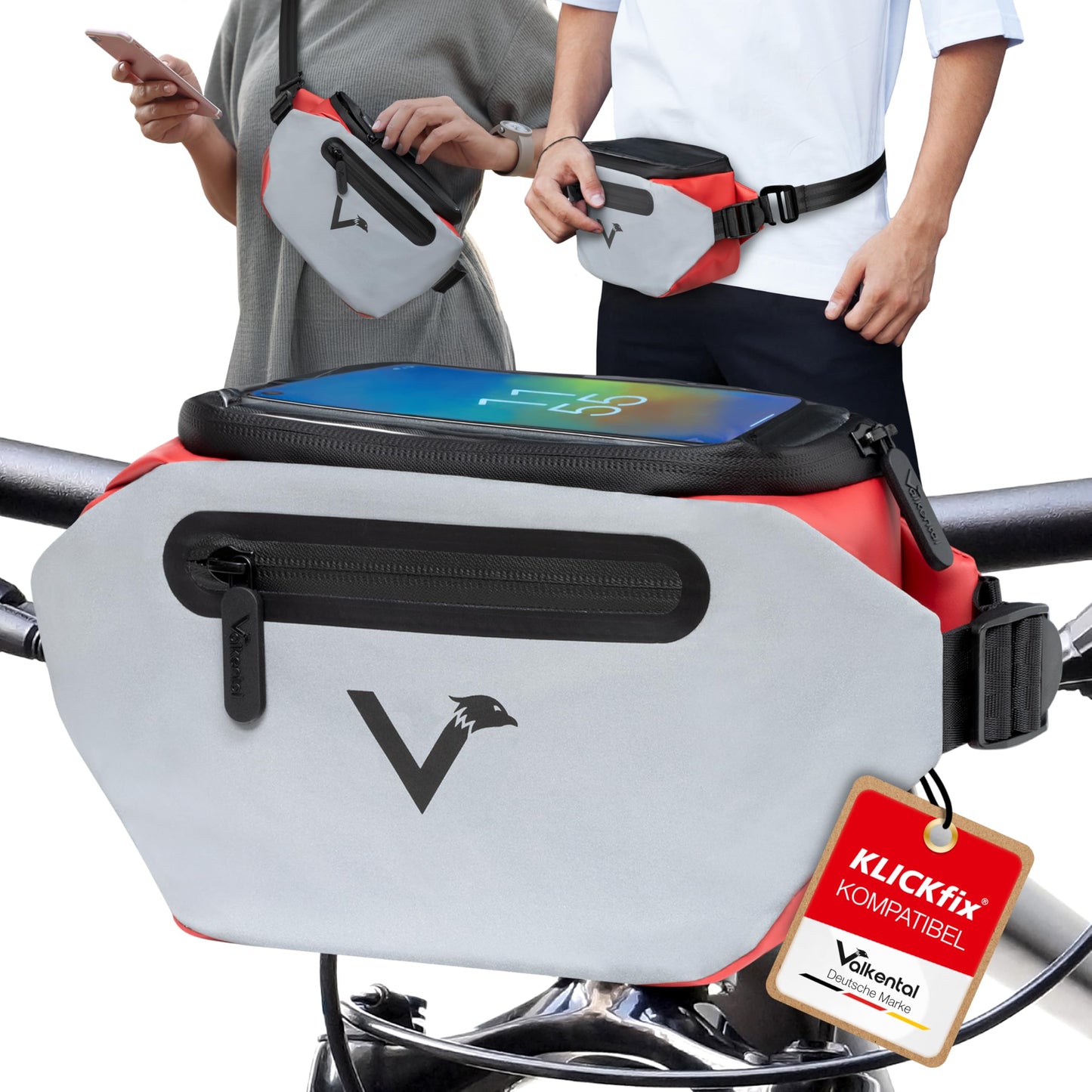 Wasserfeste Lenkertasche mit Handyfach und Reflektor, Rotreflective Adapter
