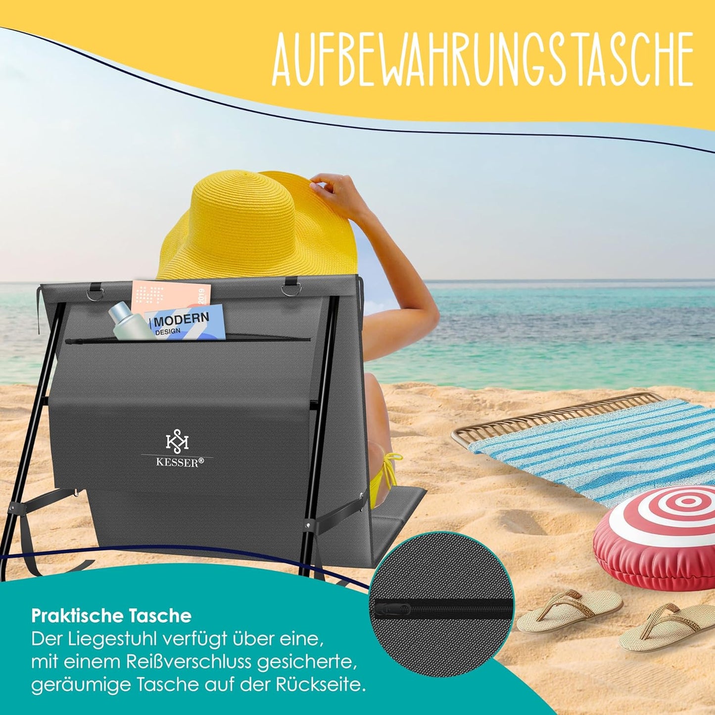 Klappbare Strandmatte mit verstellbarer Rückenlehne und Tragegurt 2er-Set, 2 Stück Anthrazit