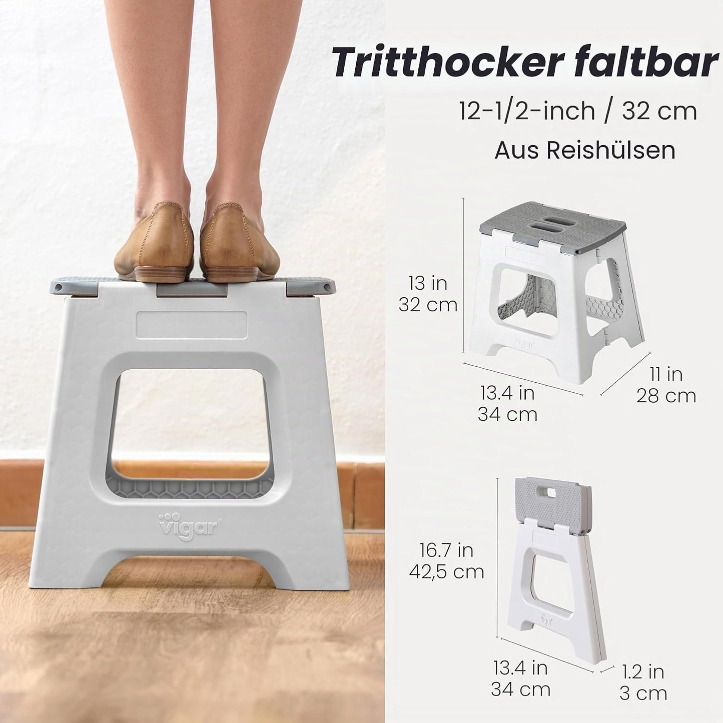 Zusammenklappbarer Hocker, Grau Zeroline 32 cm, 1-Step
