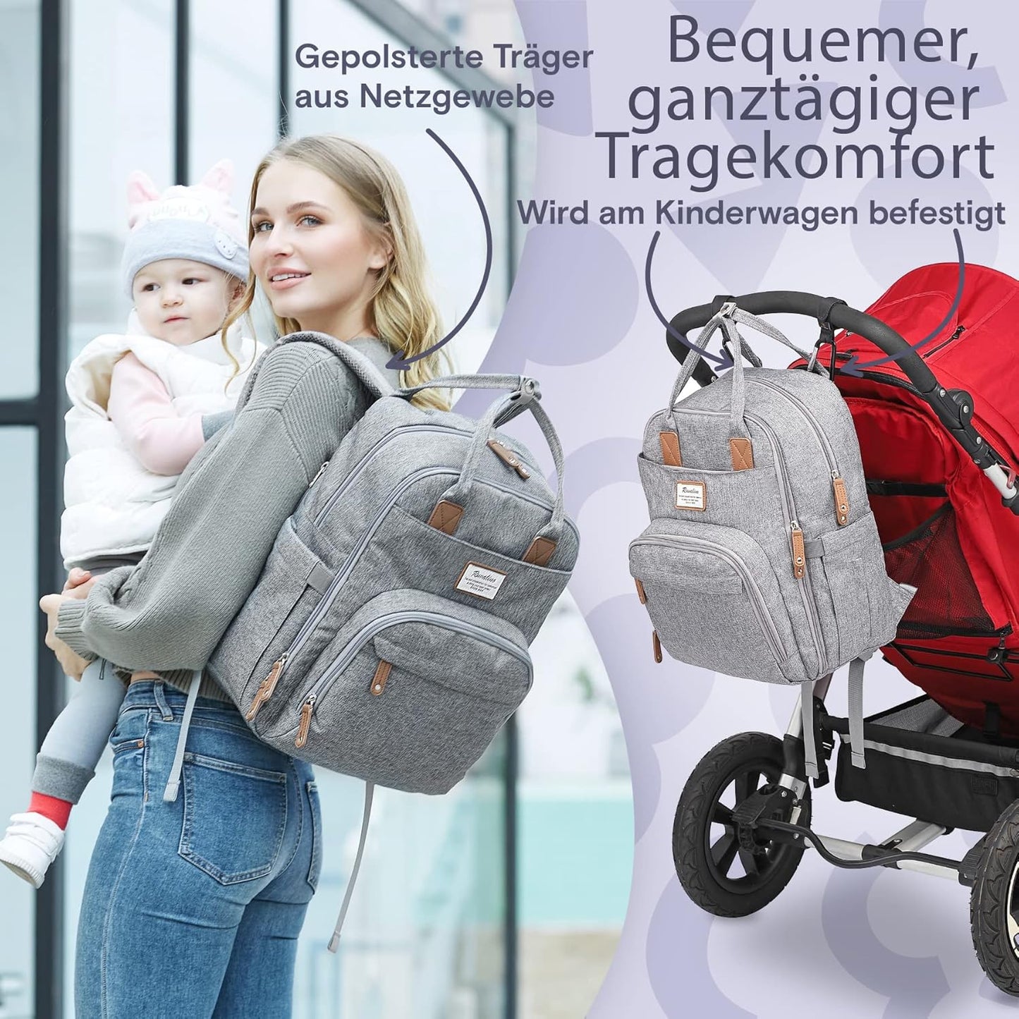 Wasserdichter Wickelrucksack mit Wickelunterlage, Grau03