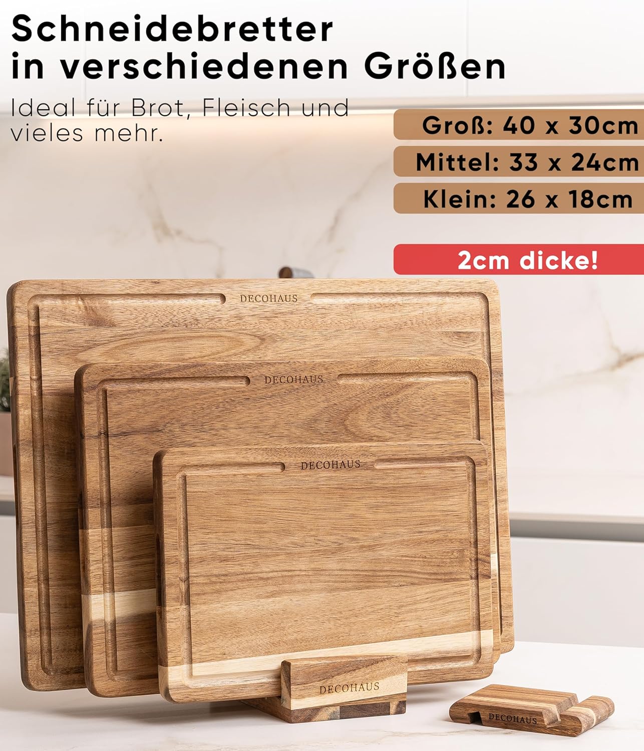 Holzschneidebrett-Set, 3er Set, Akazienholz