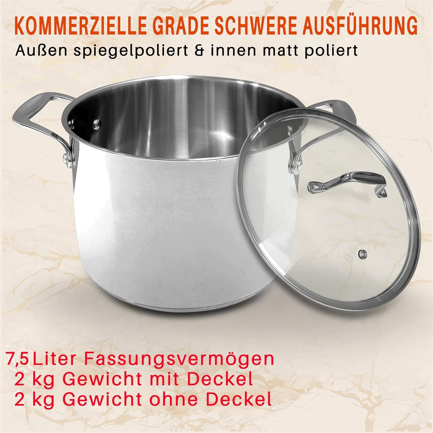 Grosser Suppentopf mit Glasdeckel, 8 Liter Silber