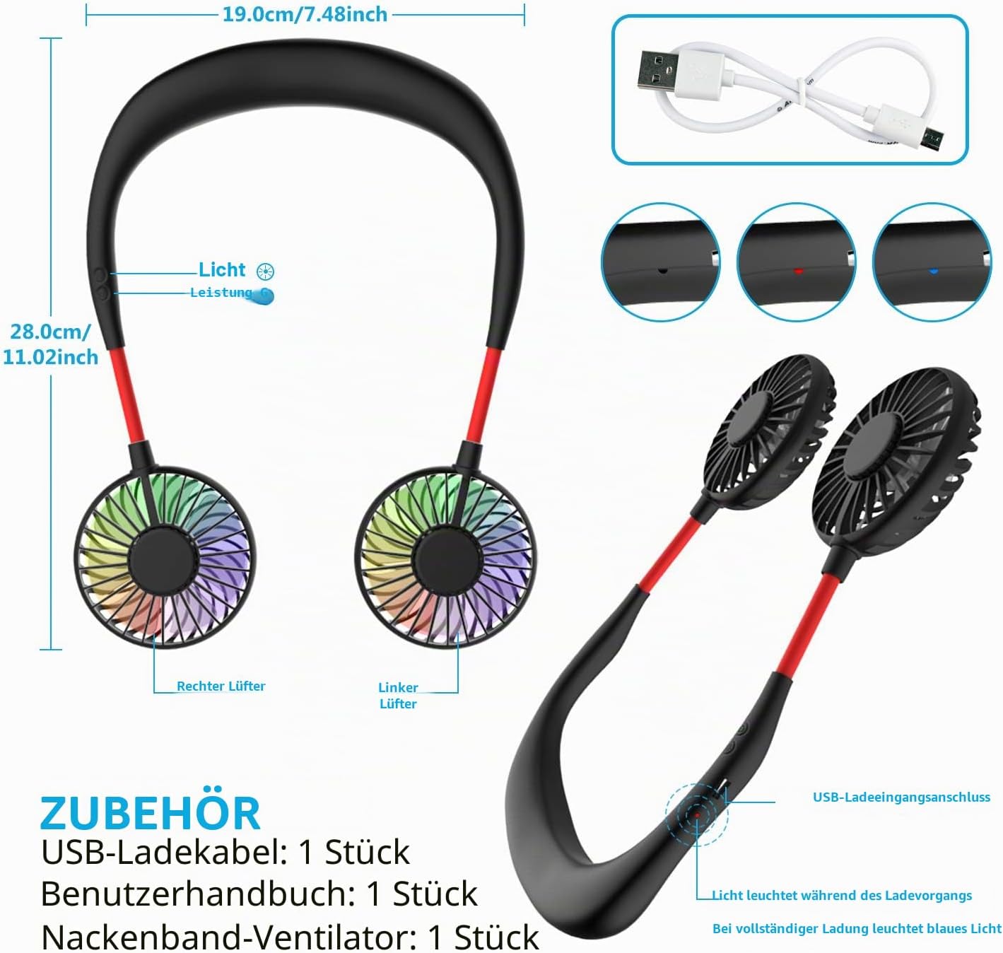 Tragbarer USB-Nackenventilator mit LED-Licht, Schwarz