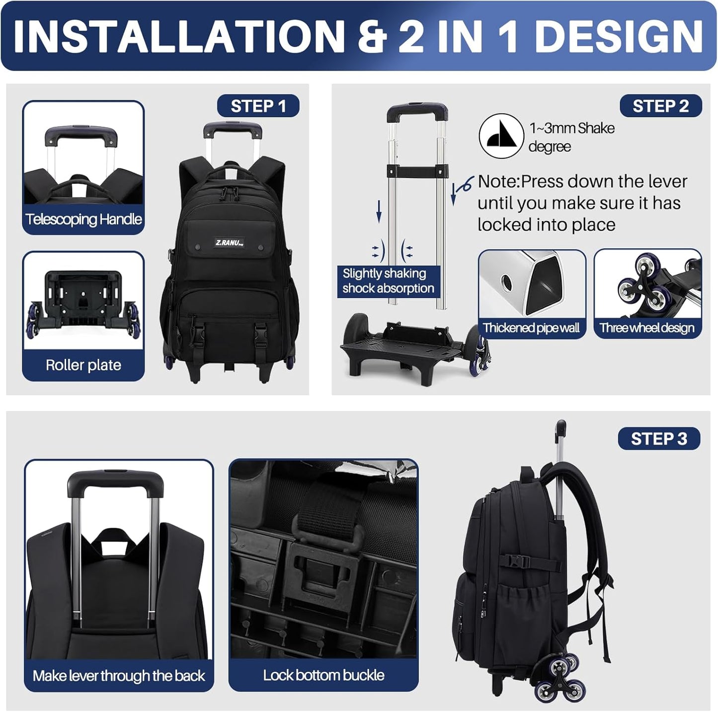 Trolley-Rucksack mit Rollen, 1286 Schwarz