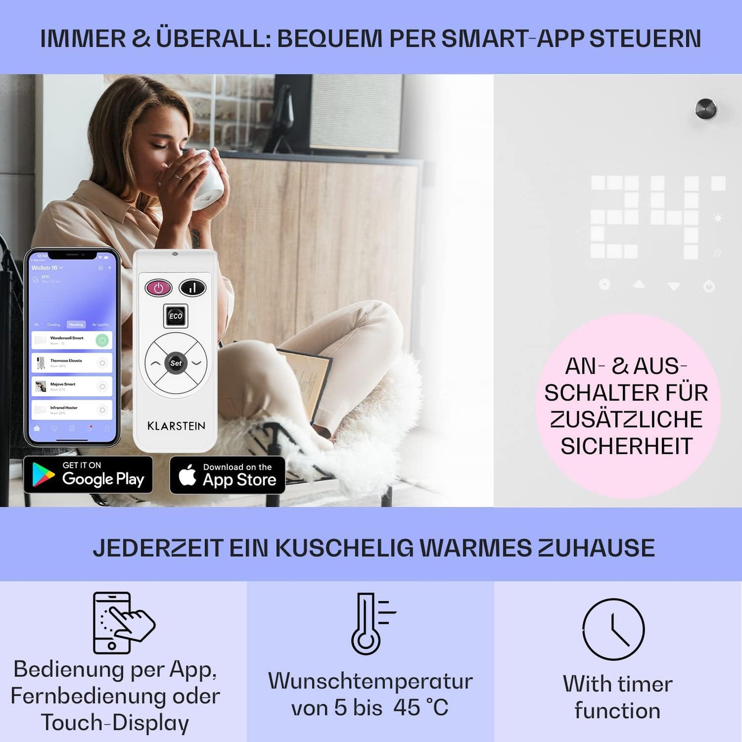 Konvektorheizung mit App-Steuerung, Weiss Bornholm Curved Smart