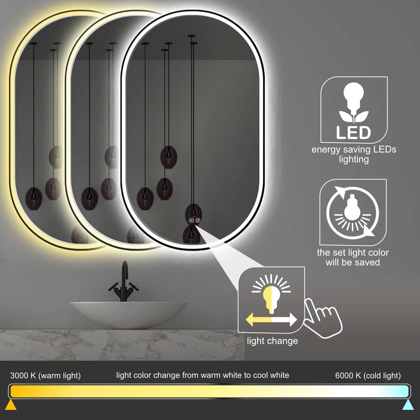 LED Badezimmerspiegel Oval mit Antibeschlag, Schwarz 3_beschlagfrei ; Oval 45x75cm Beschlagfrei