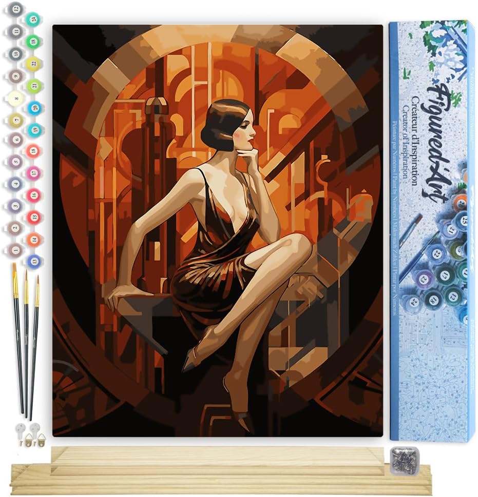 Malen nach Zahlen Set Art-Deco-Frau, Sitzende Art-Deco-Frau 40x50cm Mit Keilrahmen (nicht gespannt)