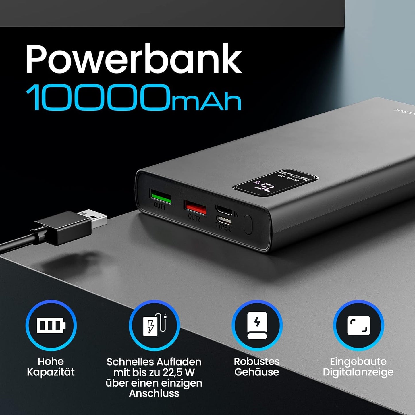Powerbank mit Schnellladefunktion, 10000mAh/22.5W/Schwarz
