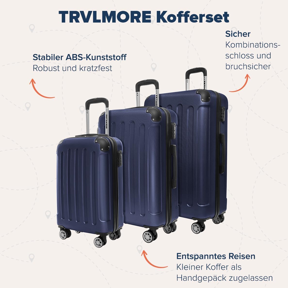 3-teiliges Hartschalen-Kofferset, TSA-Schloss, Teleskopgriff, Kofferset 3 teilig Blau