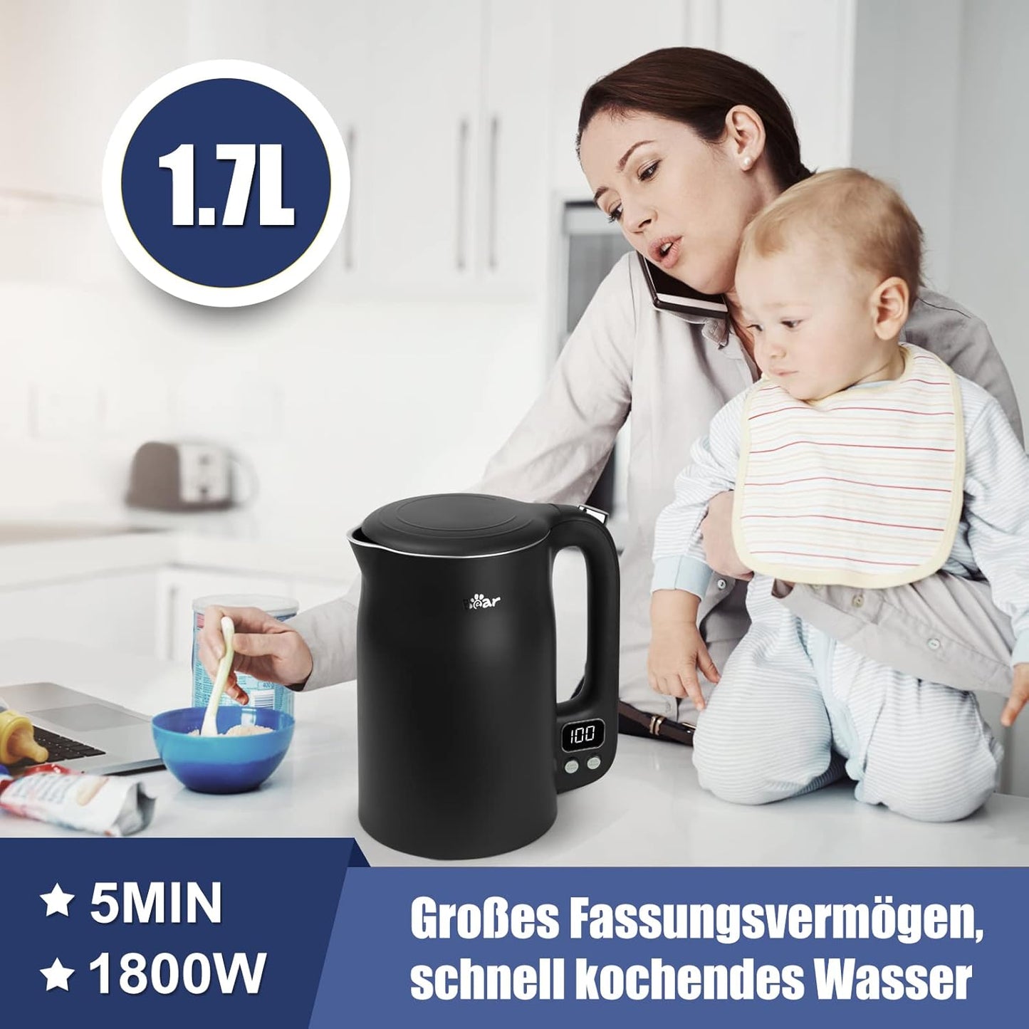 Wasserkocher mit Temperatureinstellung (40°C-100°C)