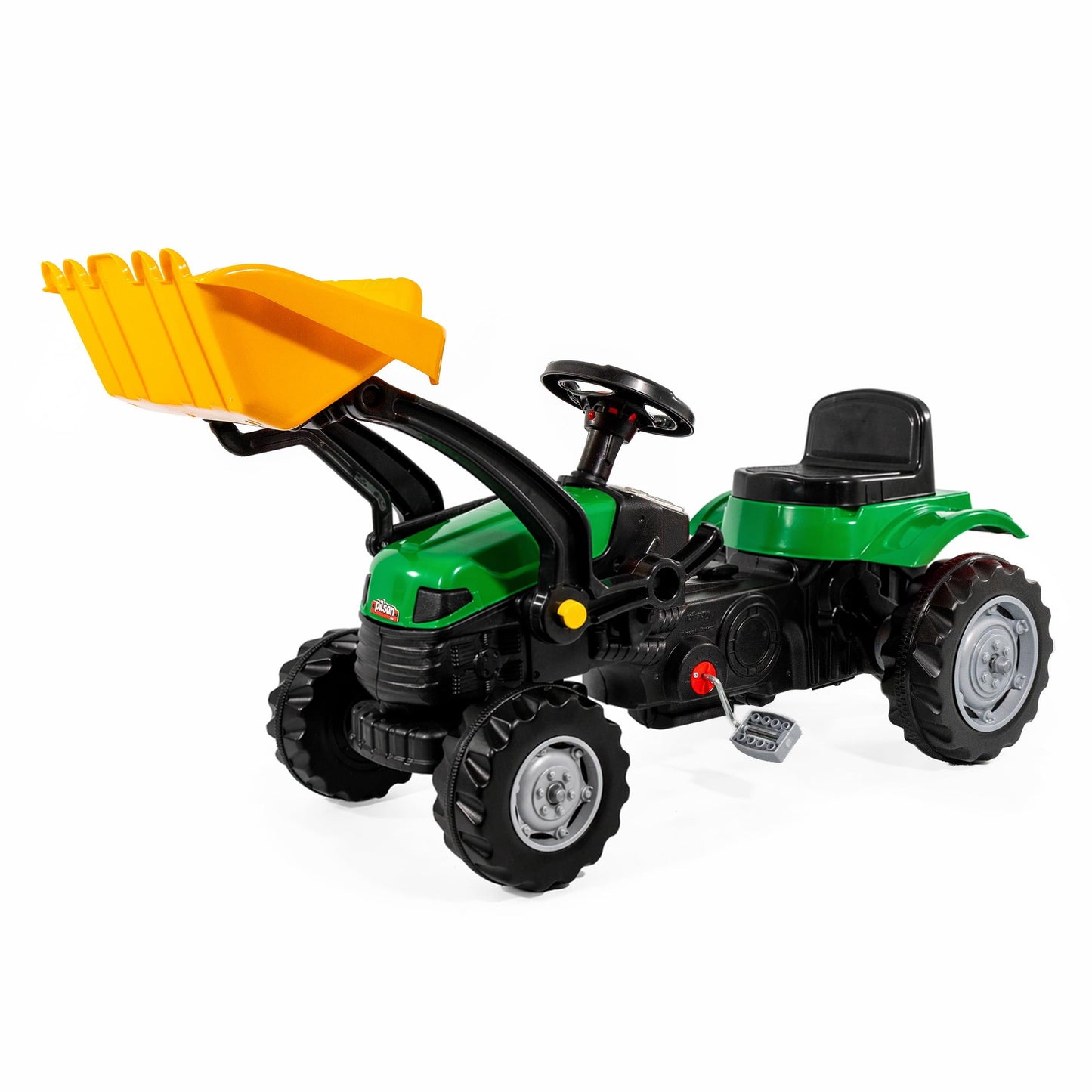 Kinder-Trettraktor mit Hupe, Grün mit Frontlader
