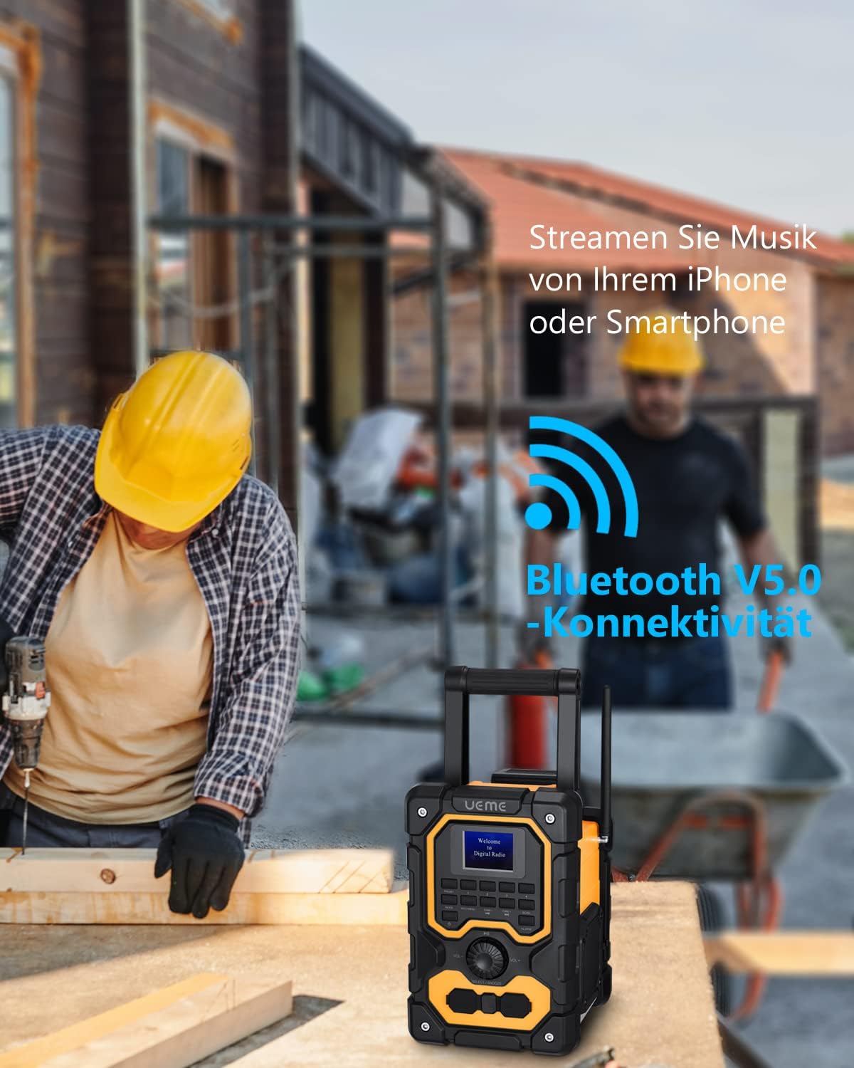 Baustellenradio mit Bluetooth und Powerbank, Gelb-Schwarz