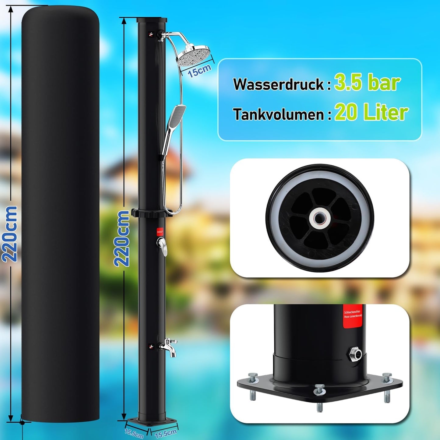 Solardusche mit Fussdusche und schwenkbarem Kopf, 20L mit Schutzhaube