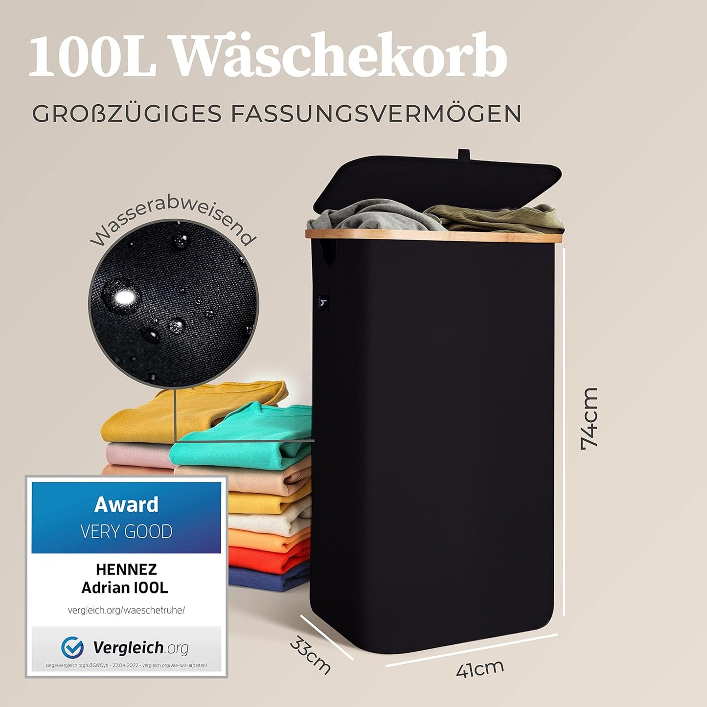 Wäschekorb mit Deckel, 100L 100l Schwarz