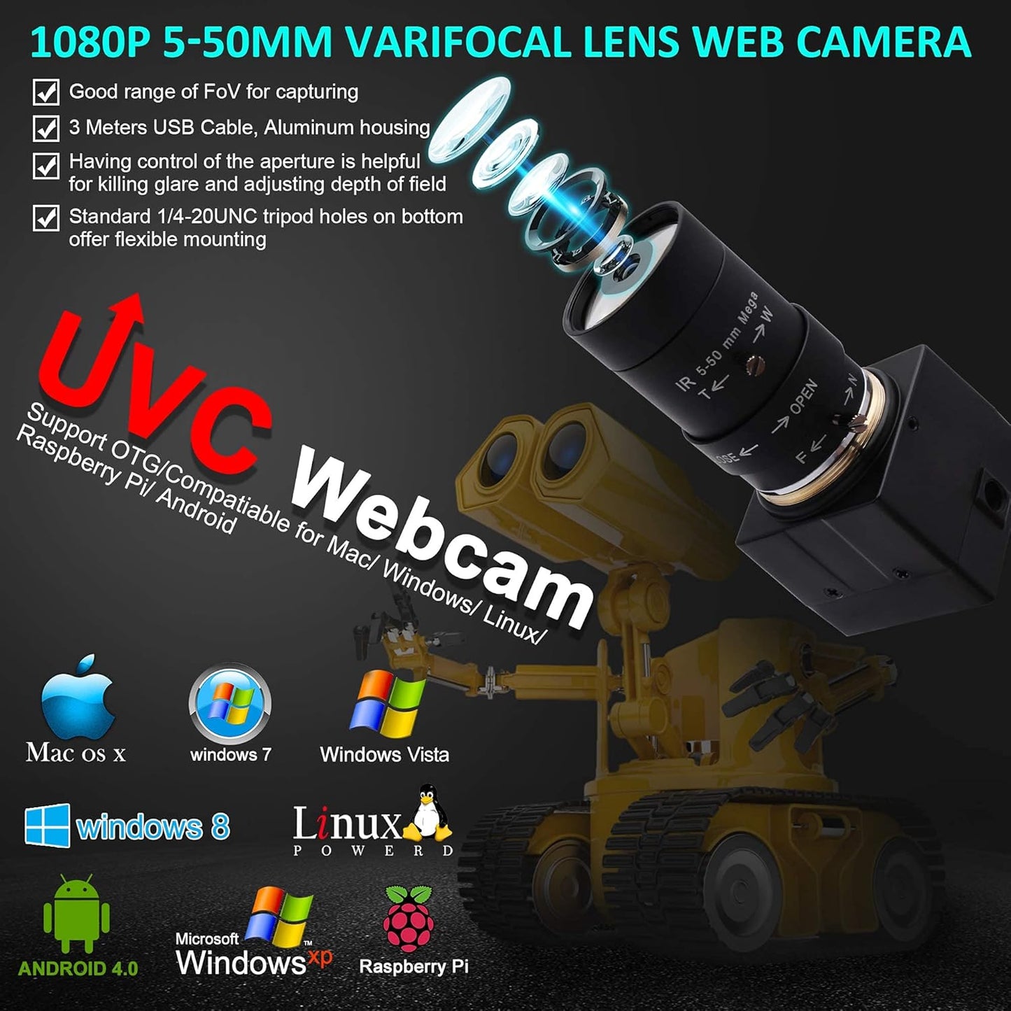 USB Webcam mit Optischem Zoom und Variablen Fokus, 1080P H.264 0.01Lux Webcam