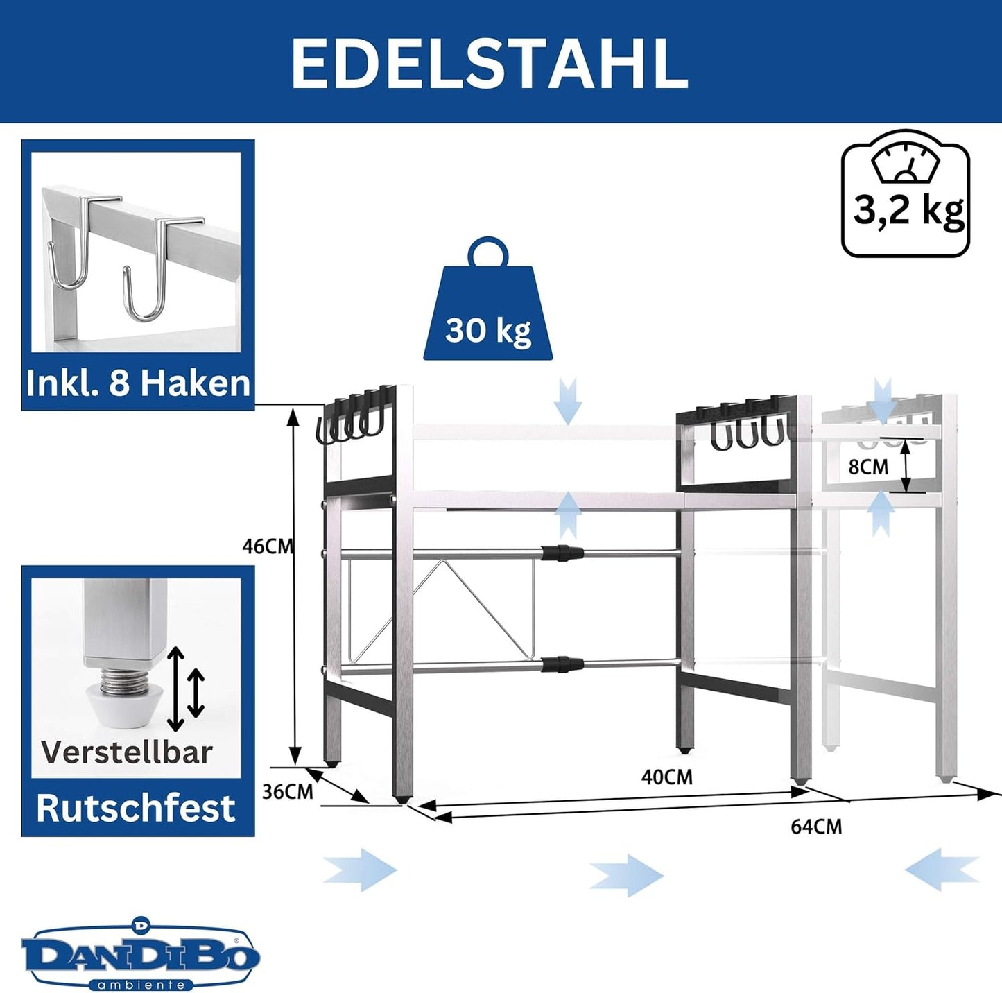 Verstellbares Mikrowellenregal 2-stufig, Silber/Edelstahl 2 Stufig, Höhe 46 cm