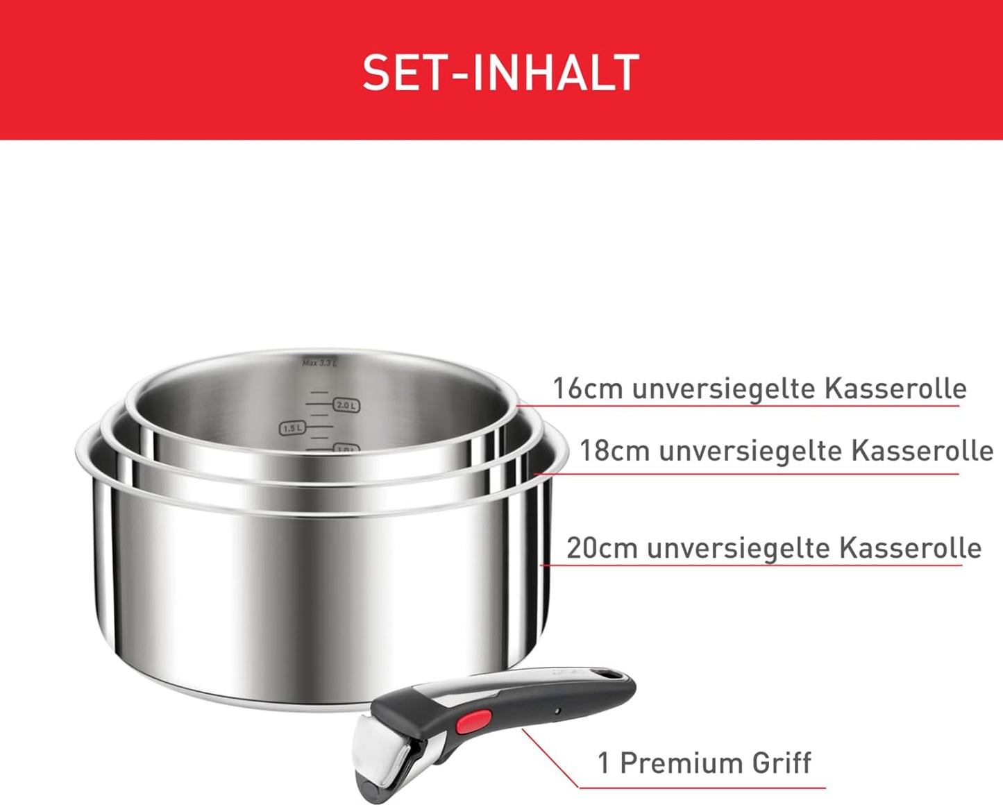 Ingenio Preference On Kasserollenset, Topfset 4-tlg - 16 cm/ 18 cm/ 20 cm/ Premium-Griff