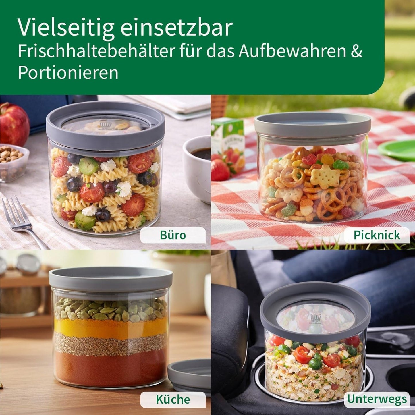 Vorratsbehälter-Set mit Glasdeckel, 4 x 1,5L