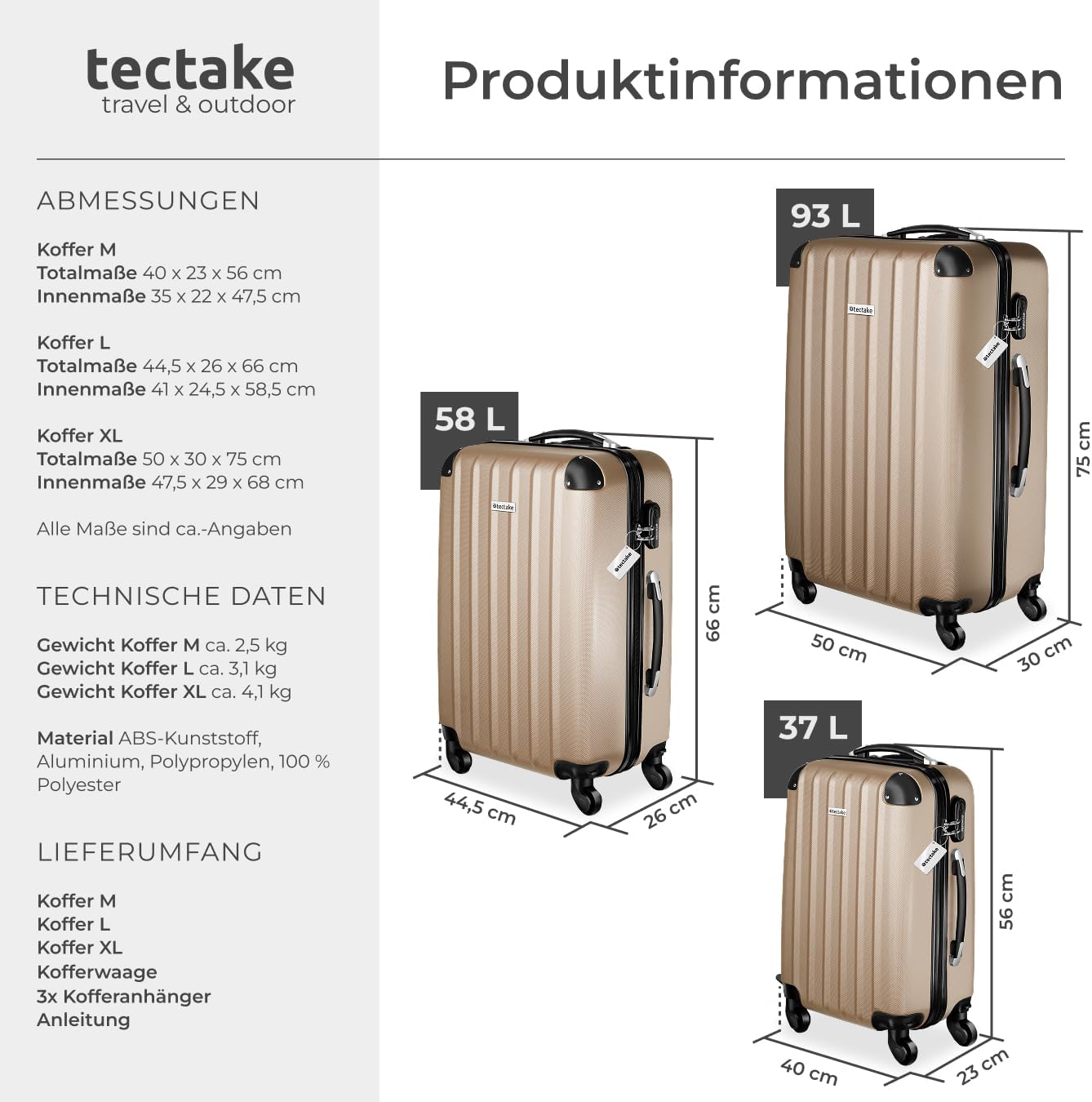 3-teiliges Kofferset mit Kofferwaage und Kofferanhänger, Champagner|Set mit Waage