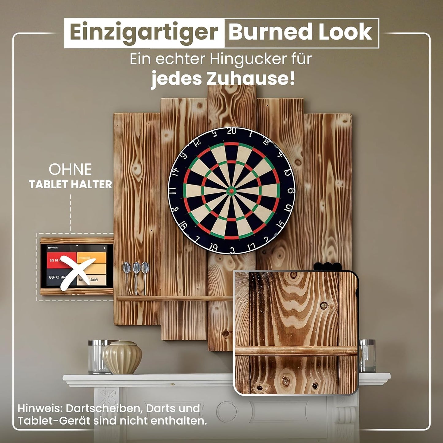Dartboard Surround Wandschutz, OHNE Tablet-Halter Burned Look (Geflammt)