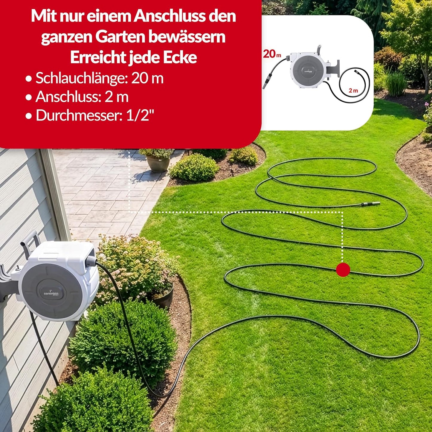 Wand-Schlauchbox mit automatischem Aufroller, Weiss 20 m