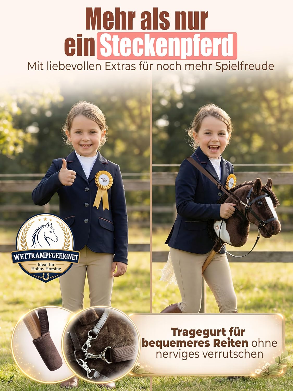 Handgefertigtes Steckenpferd mit verstellbarem Gurt & Turnierschleife, Braun & Weiss