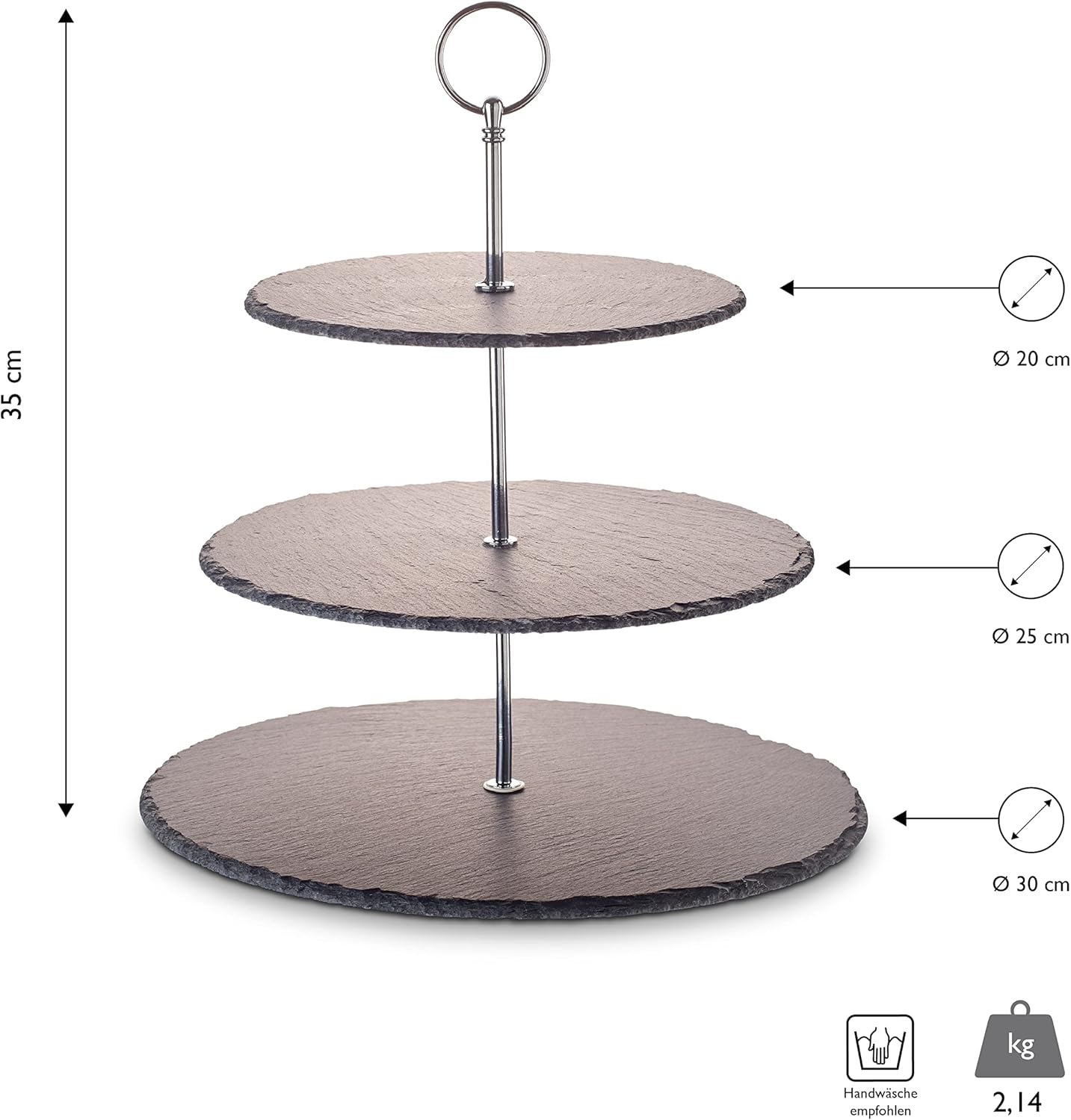 3-stöckige Etagere aus Naturschiefer mit Metallgriff, Silber-Edition, 3-Stöckig Silber-edition