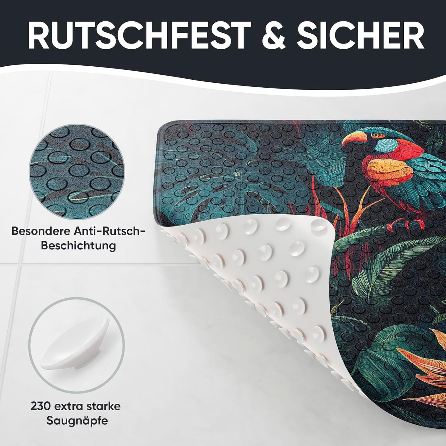 Rutschfeste Badematte, schimmelresistent 53x53 cm, Exotic