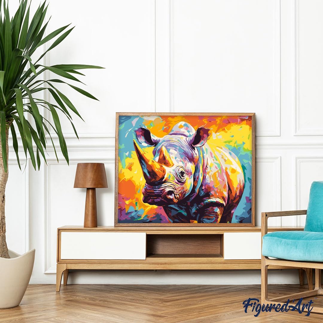 Malen nach Zahlen Set Nashorn Farbenfroh Abstrakt mit Rahmen, Nashorn Farbenfroh Abstrakt 40x50cm Mit Rahmen (bereits gespannt)