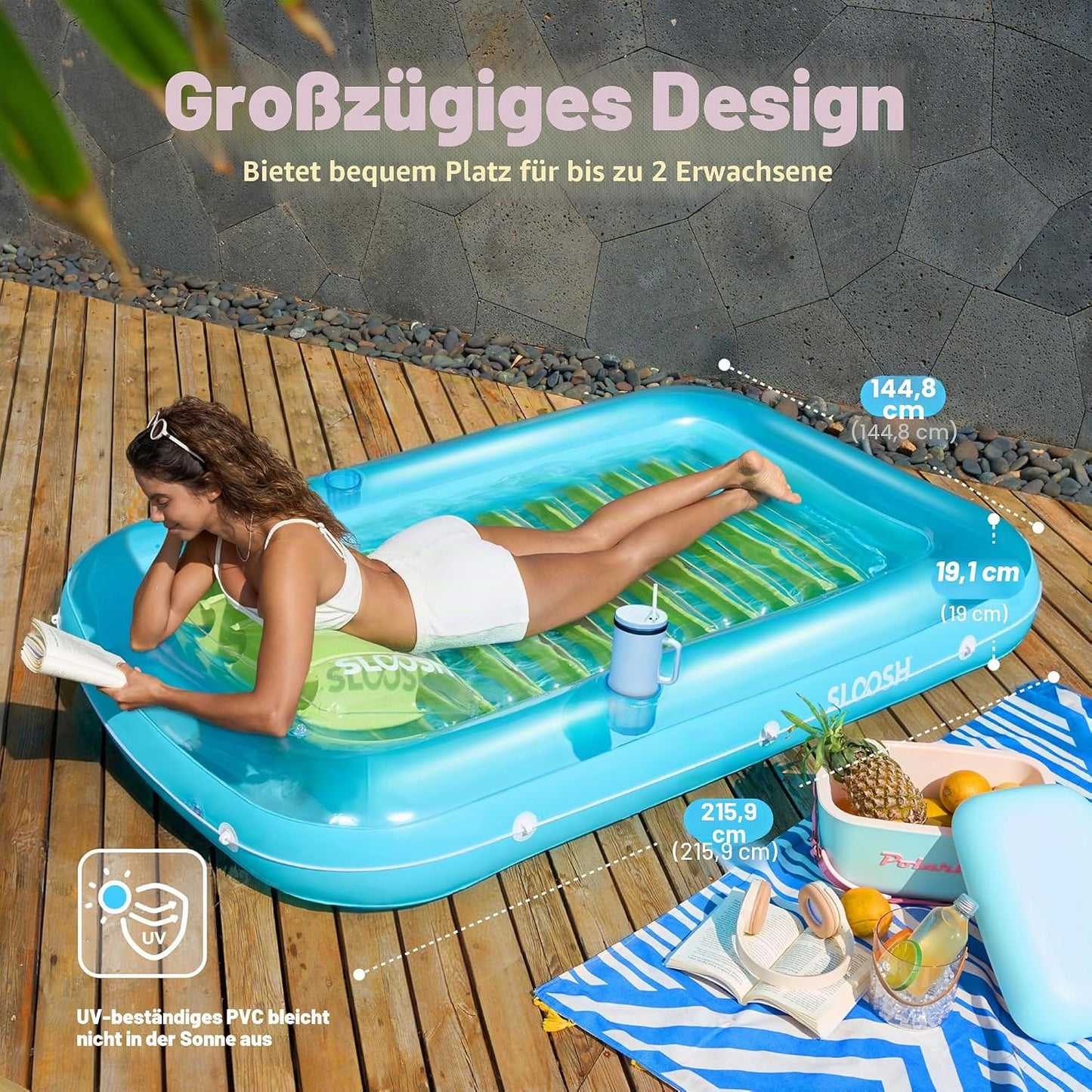 Aufblasbarer Sonnenpool mit abnehmbarem Kissen und Getränkehalter, Blau-Grün XL