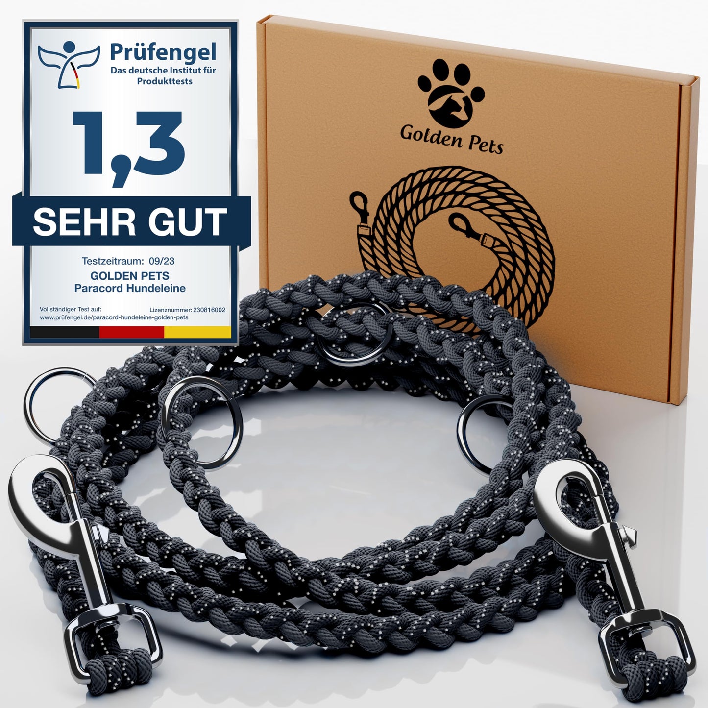 Reflektierende Hundeleine 2m, wetterfest & reissfest, schwarz - schwarz 2 m Hunde bis 15 kg