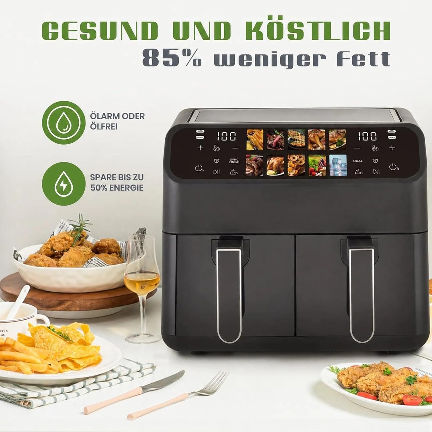 Heissluftfritteuse XXL Dual mit 10 Programmen