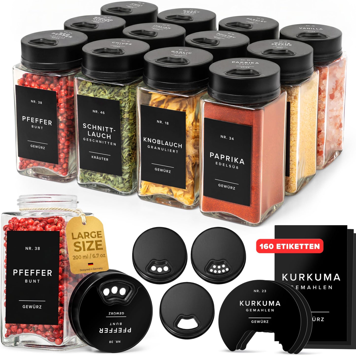 Gewürzgläser-Set mit verstellbarem Deckel, 12x200ml Verstellbare Deckel Schwarz
