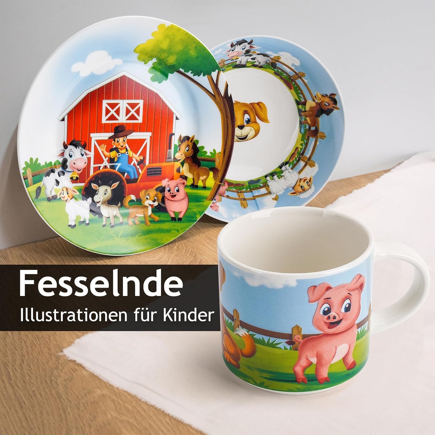 Kindergeschirr-Set aus Porzellan, Bauernhof
