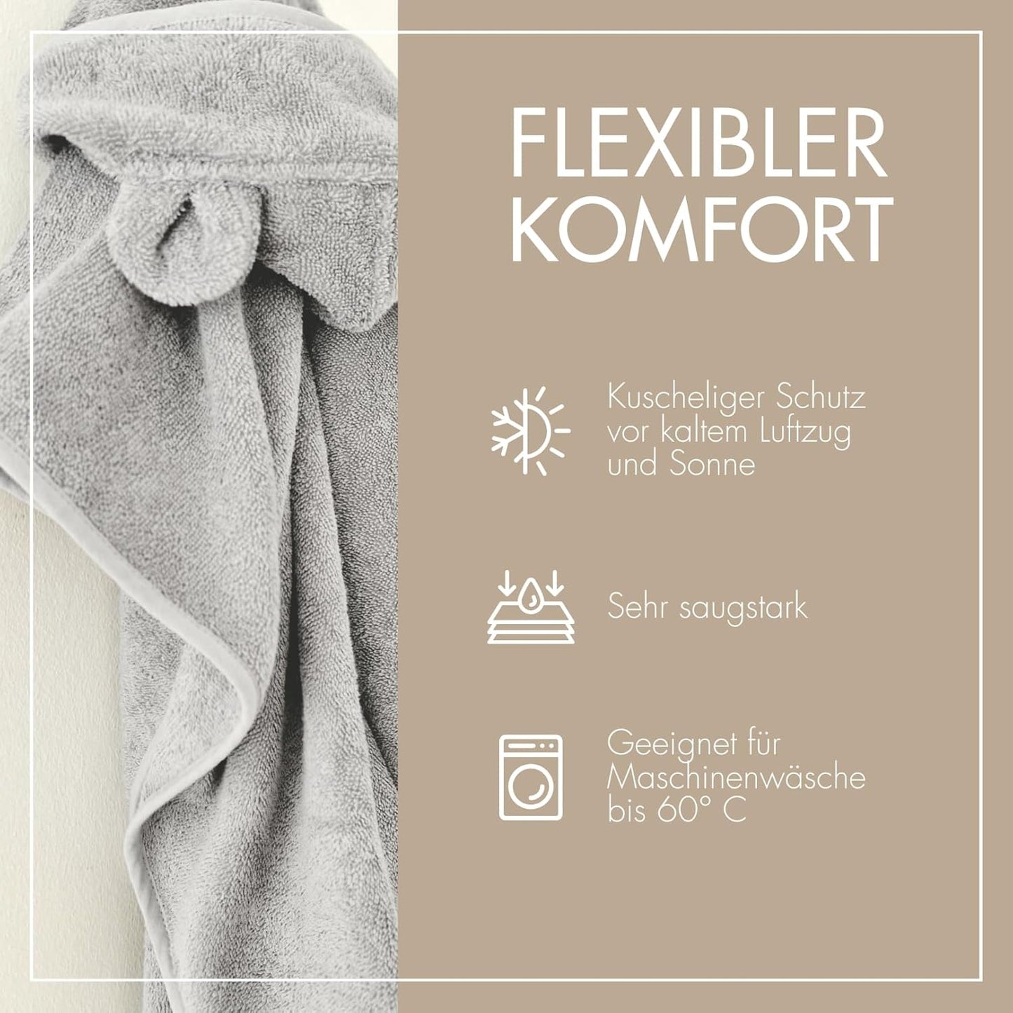 Baby Badeponcho mit Kapuze und Bärenohren, 0-3 Jahre, Grau Bärenohren