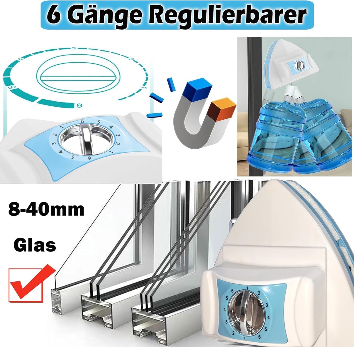 Magnetischer Fensterputzer für Mehrfachverglasung (8-40 mm)