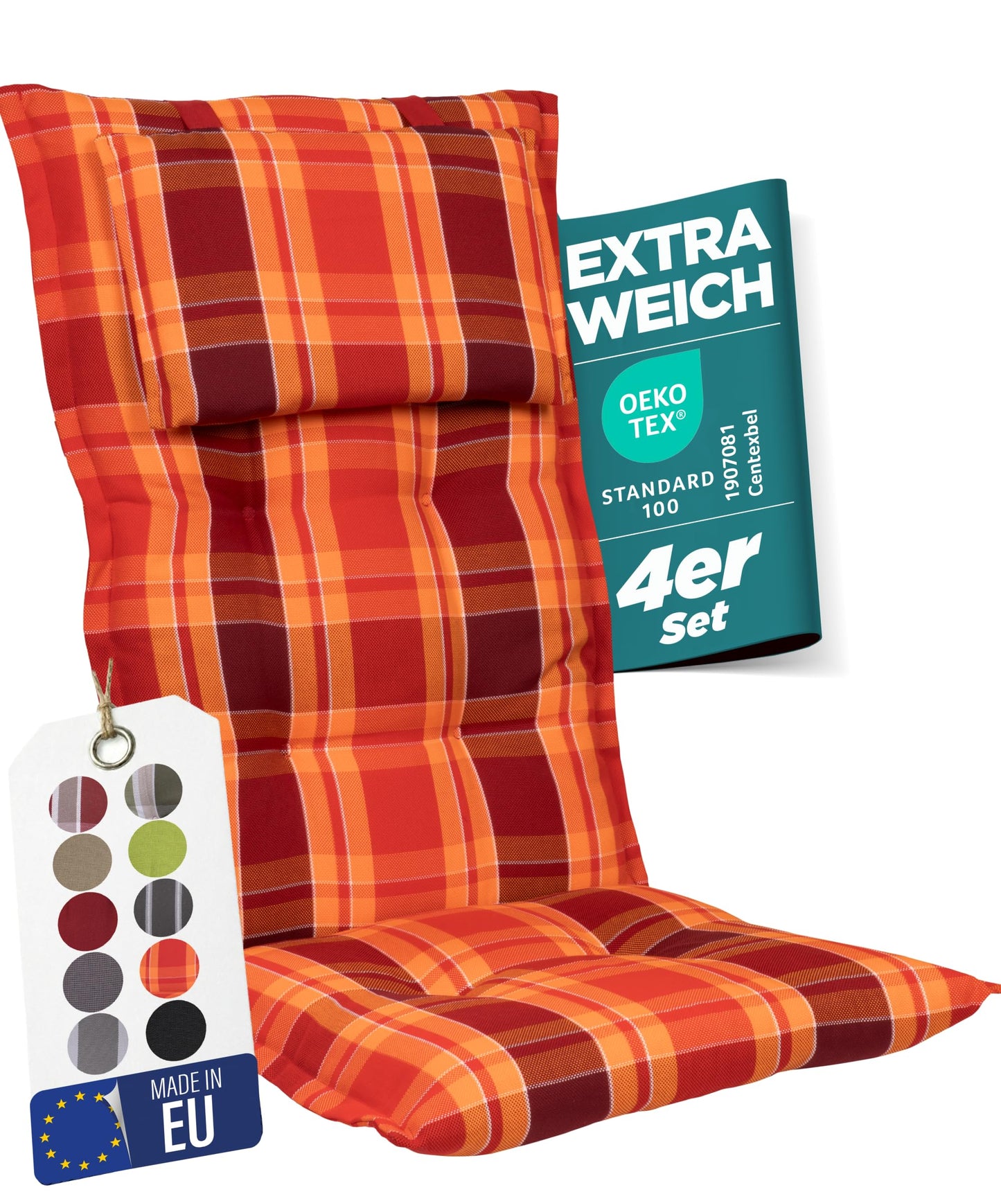 Sitzauflagen für Hochlehner (4er Set), 4-Stück Rot Kariert (mit Kopfteil)