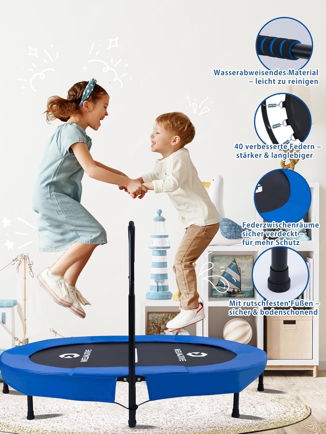 Indoor Trampolin für 2 Personen, Dunkelblau mit Griff
