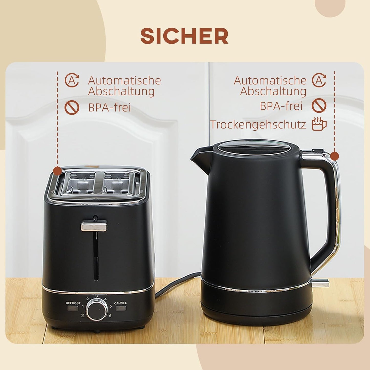 Frühstücks-Set mit Wasserkocher und Toaster, Schwarz