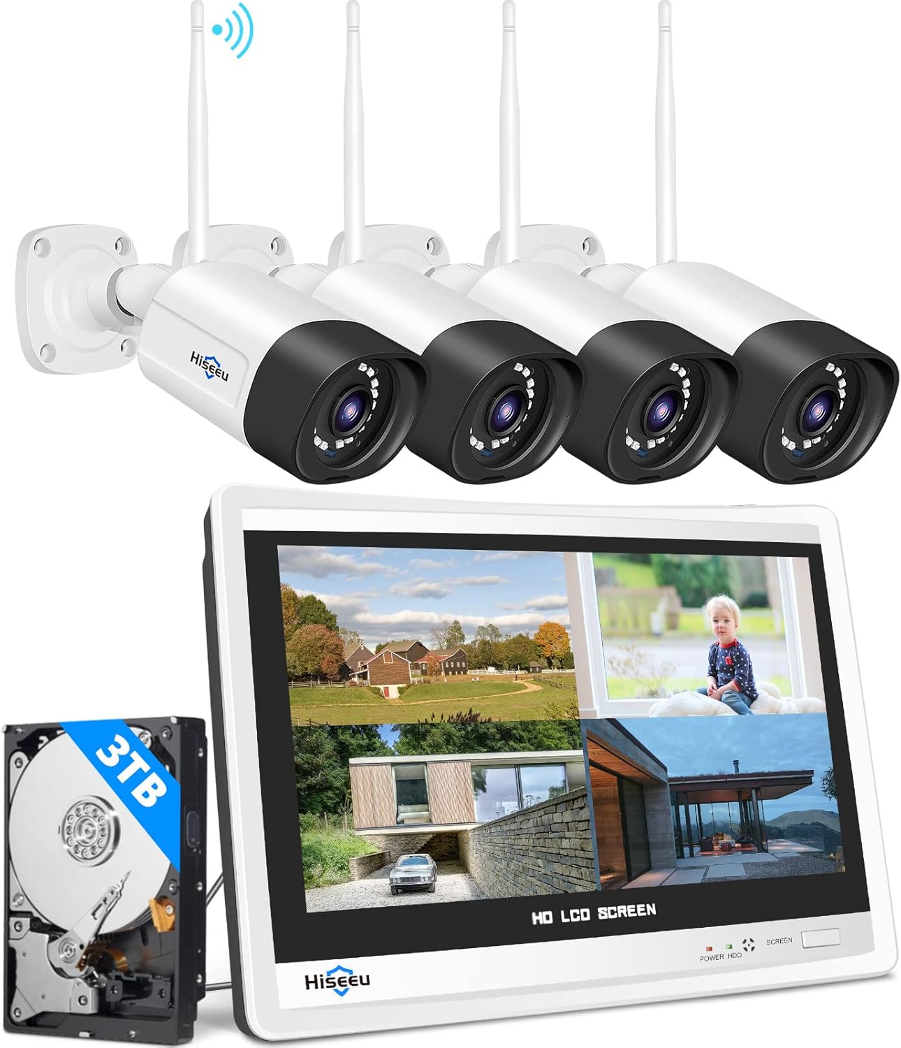 4-teiliges Überwachungskamera-Set mit Monitor & 2-Wege Audio, Bullet Camera + 3TB HDD