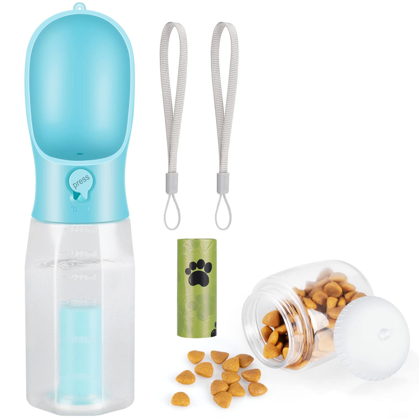 Hunde-Trinkflasche mit Futterbehälter und Kotbeutelspender