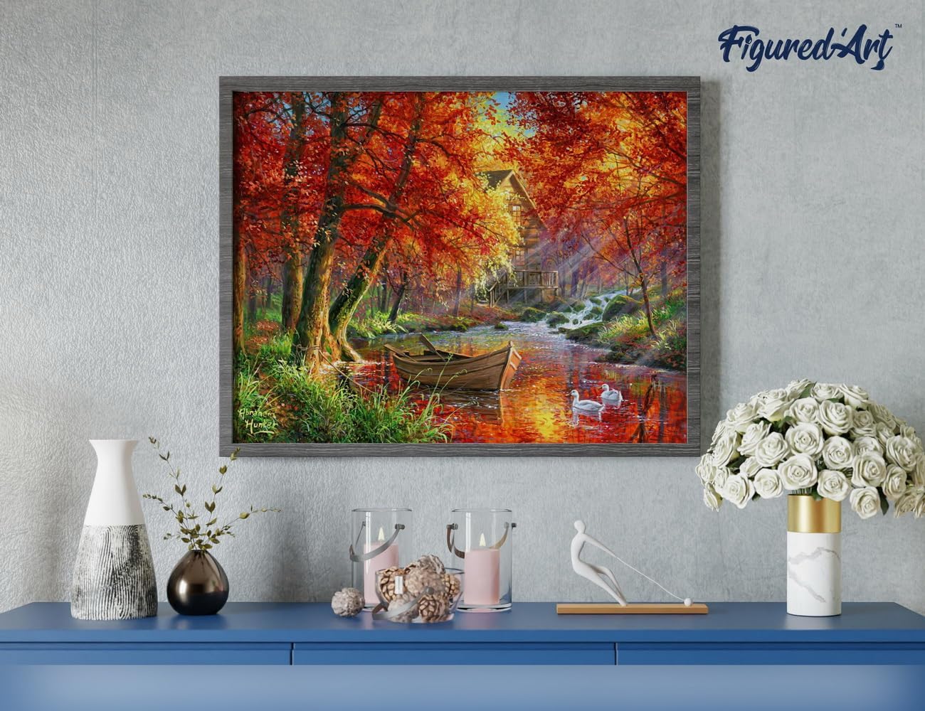 Malen Nach Zahlen Set Herbst, Boot am Herbstlichen Fluss 40x50cm Mit Keilrahmen (nicht gespannt)
