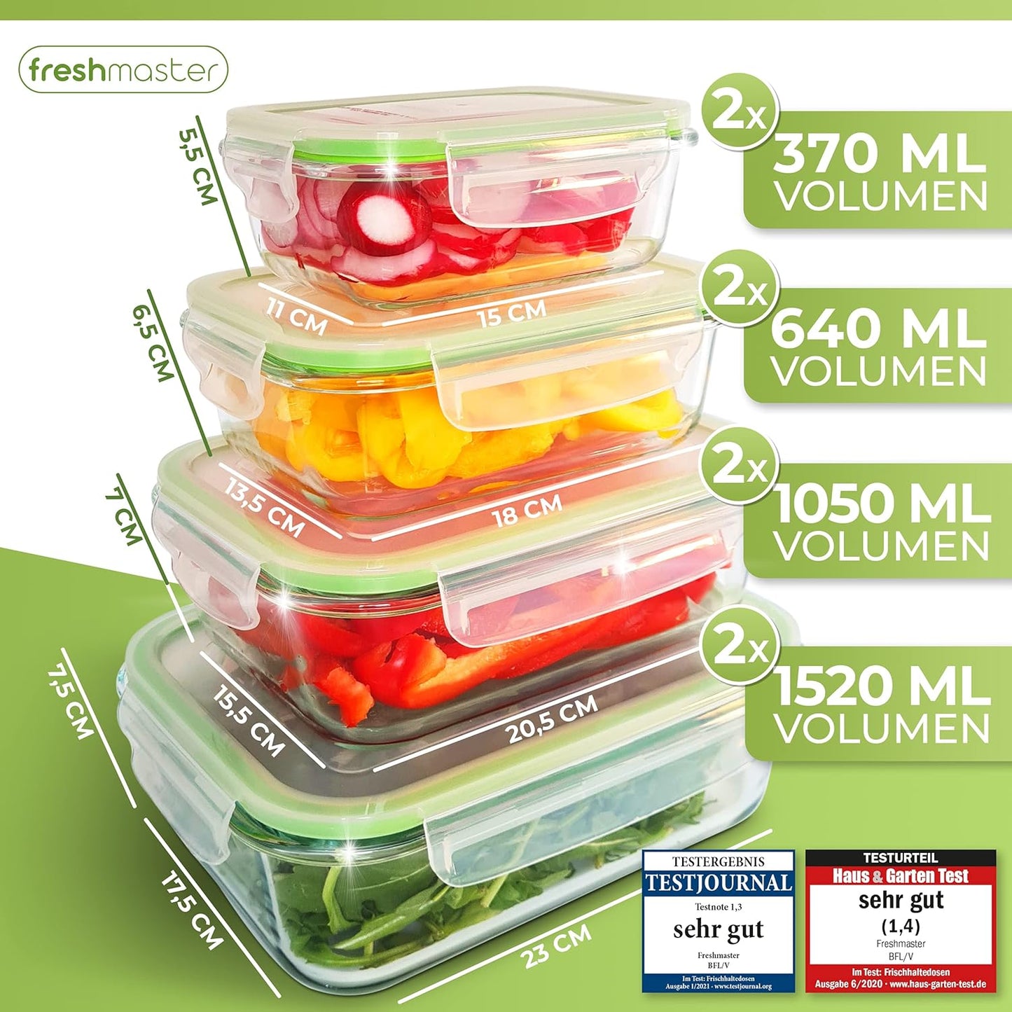 16-teiliges Frischhaltedosen Glas-Set, 16 teilig - grün